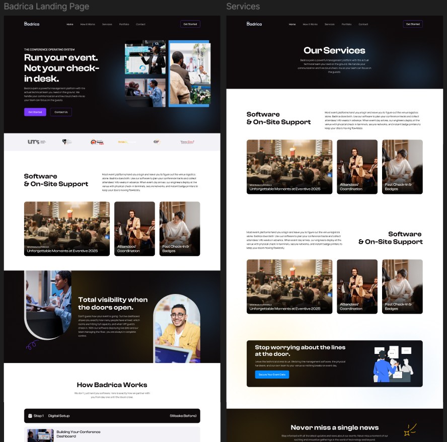 Figma canvas with the Badrica landing page and services page designs
