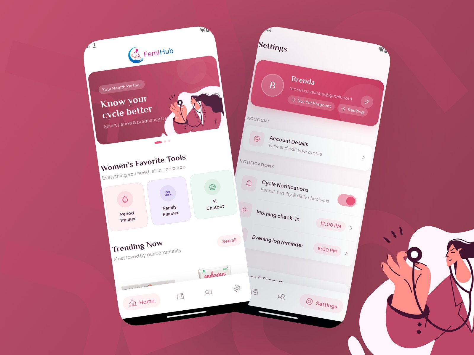 FemiHub home screen and settings screen with cycle notifications