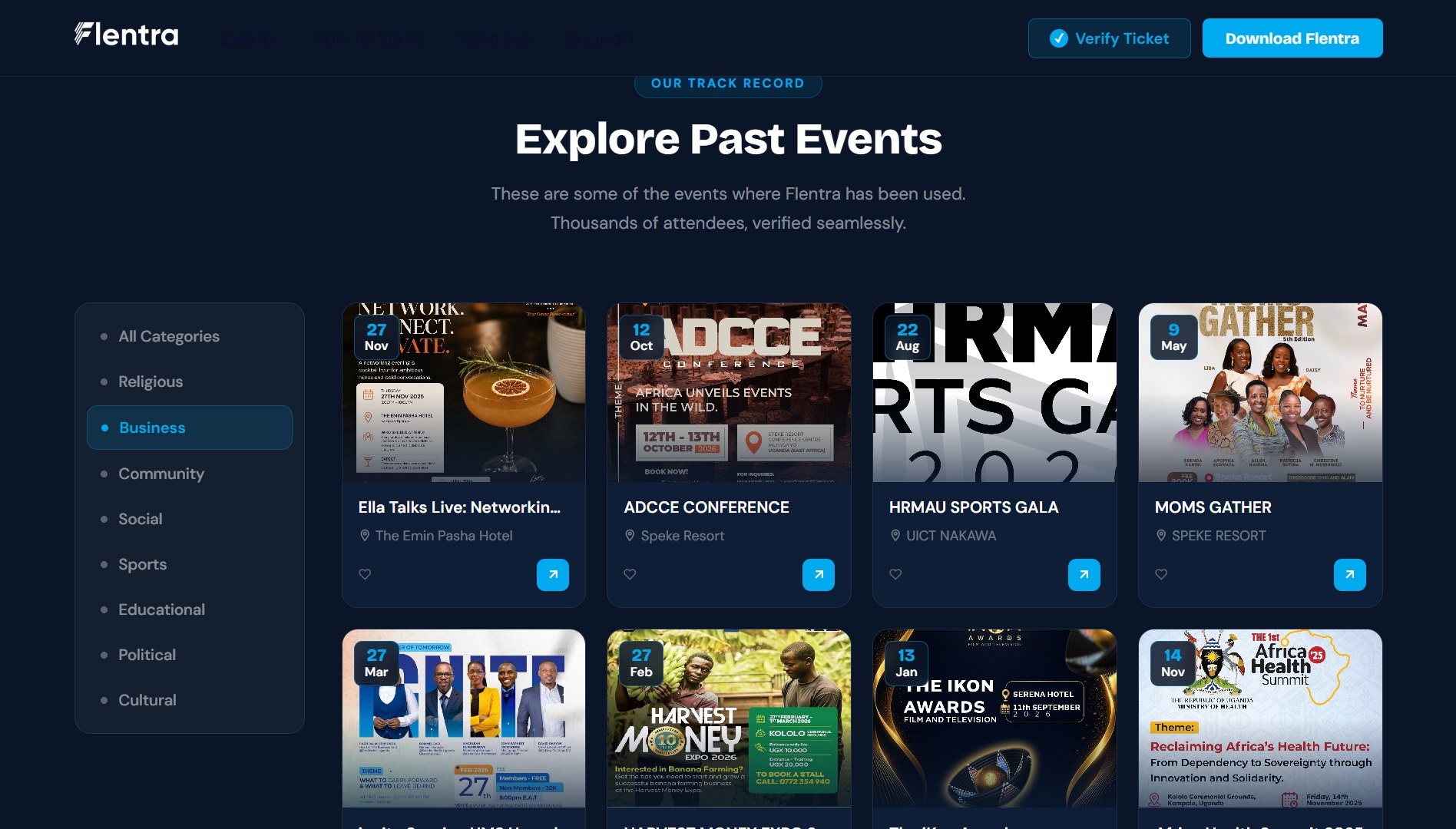 Flentra past events page with event cards filtered by category