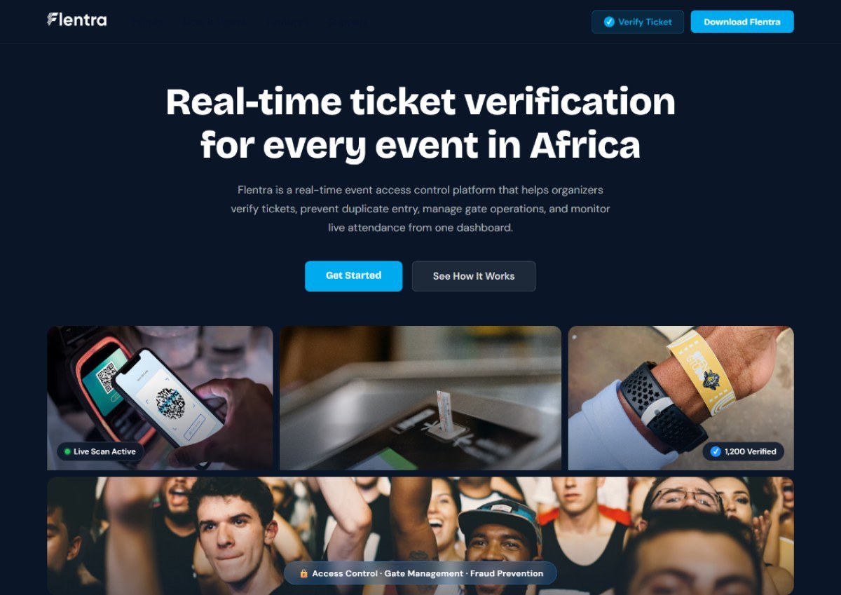Flentra website hero: Real-time ticket verification for every event in Africa